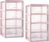 PlasticForte ladeblokje/bureau organizer - 2x - 4 lades - transparant/roze - L26 x B36 x H49 cm