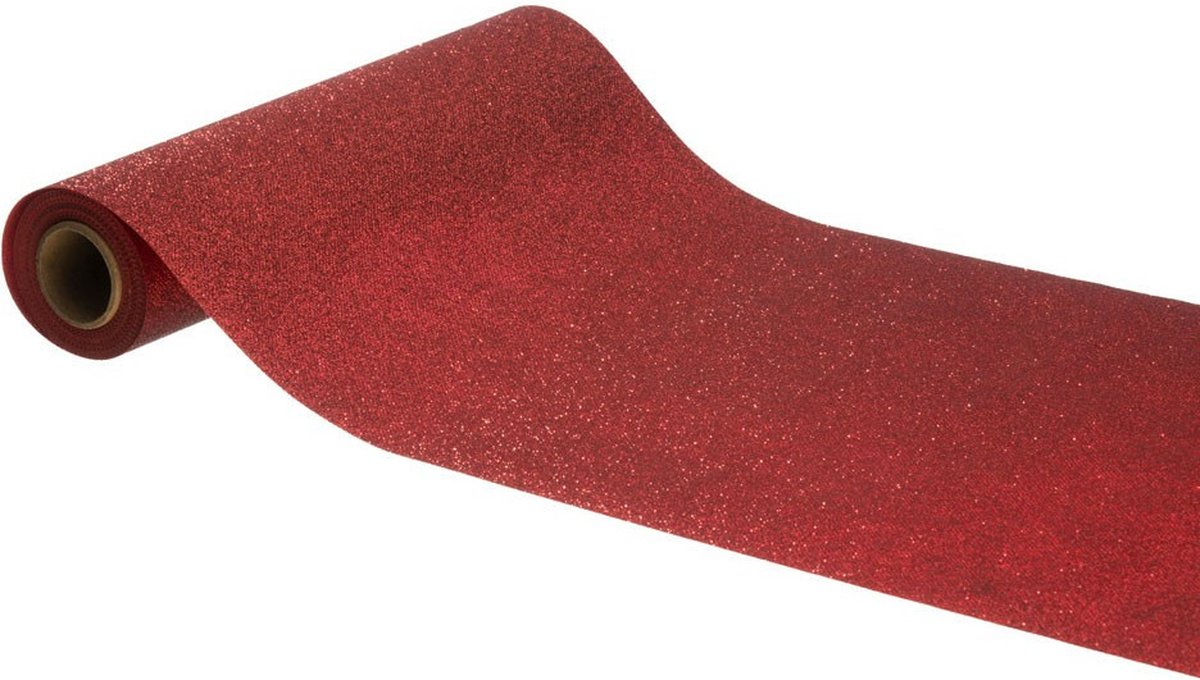 Chaks Kerst thema tafelloper op rol - 2x - rode glitter - 30 x 500 cm - polyester
