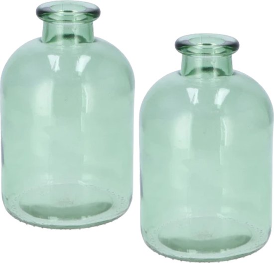 DK Design Bloemenvaas fles model - 2x - helder gekleurd glas - zeegroen - D11 x H17 cm