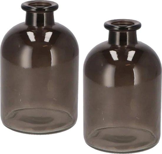 DK Design Bloemenvaas fles model - 2x - helder gekleurd glas - zwart - D11 x H17 cm