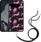 Cazy Hoesje met koord Zwart geschikt voor Google Pixel 8 Pro Roze Cheeta's