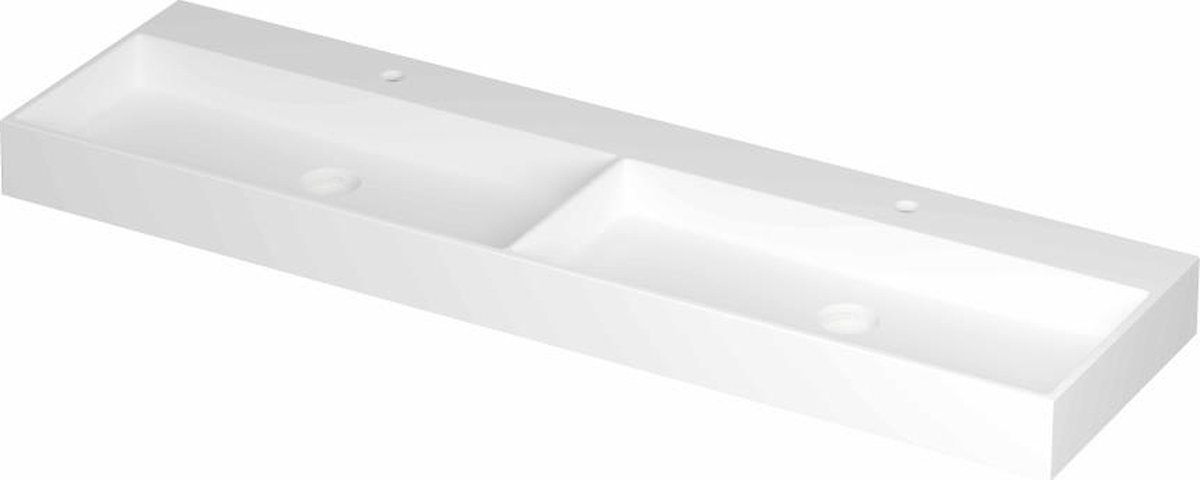 INK United porseleinen dubbele wastafel met 2 kraangaten, porseleinen click-plug en verborgen overloop systeem 160 x 45 x 11 cm, mat wit