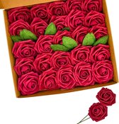 Rozen kunstbloemen, 25 stuks kunstbloemen, schuimrozen met stelen voor doe-het-zelf bruiloftsboeket, Valentijnsdag, feest, woondecoratie (wijnrood)