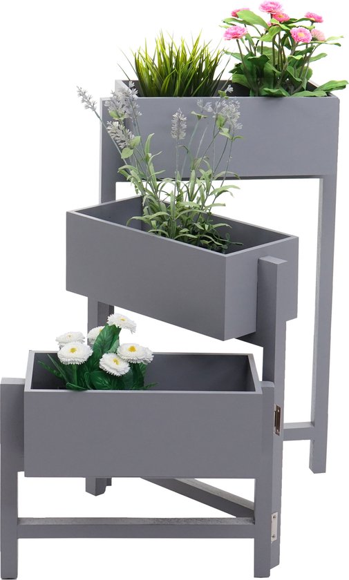 Plantenrek T275, staande plantenbak, 65x108x15cm, hout shabby-look vintage ~ grijs-blauw