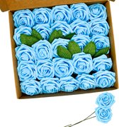 Rozen kunstbloemen, 25 stuks kunstbloemen, schuimrozen met stelen voor doe-het-zelf bruiloftsboeket, Valentijnsdag, feest, woondecoratie (blauw)