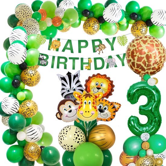 Jungle thema ballondecoratie met dierenprints, 'Happy Birthday' slinger en dierenfolieballonnen.