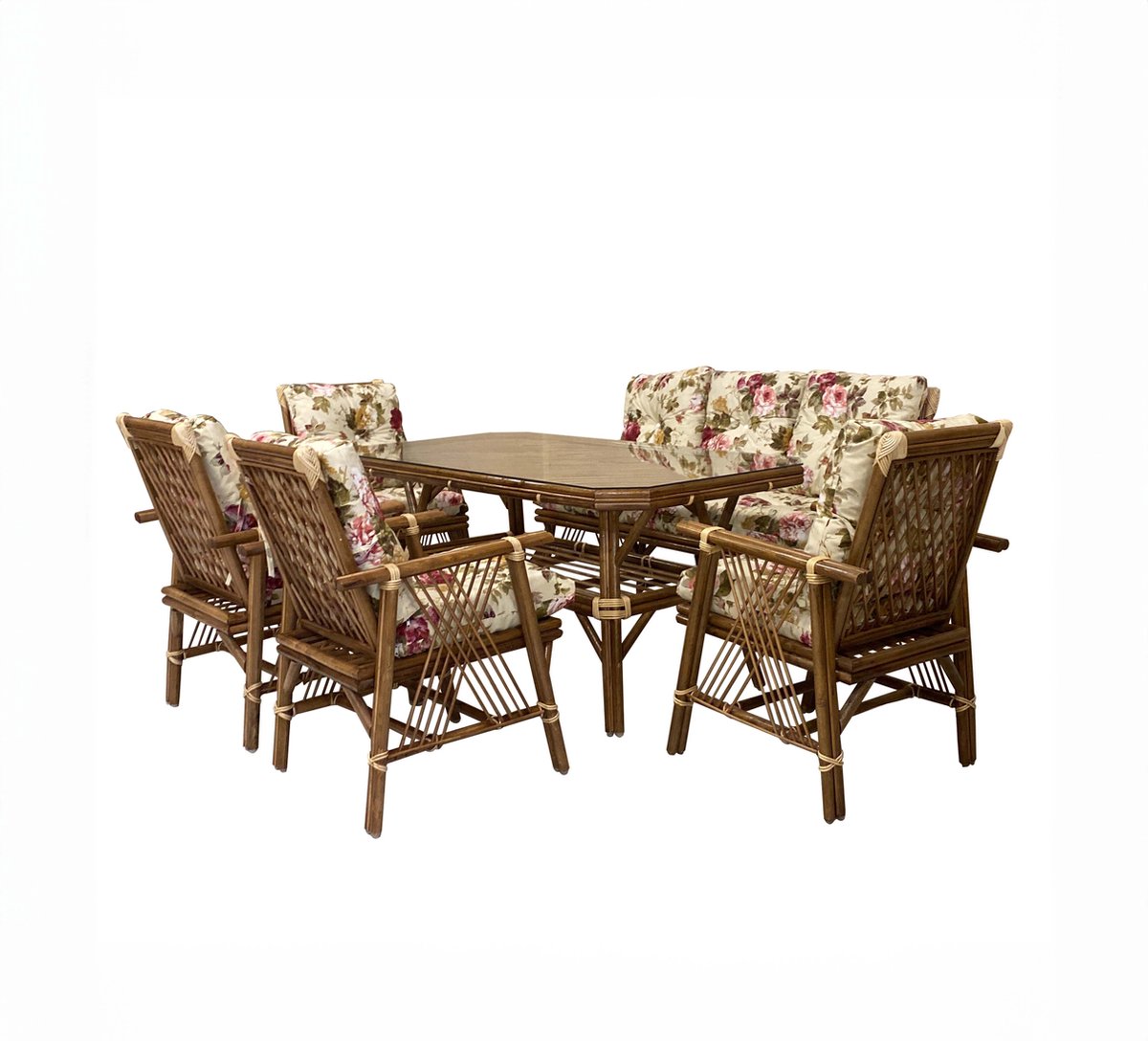 LILY DINING SET Eetset, tafel + 4 stoelen + 3-zitsbank, binnen/buiten, 86x160cm - Soft Flower