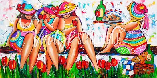 Dikke dames gezellige picknick | Vrolijk Schilderij | 120x60cm | Dikte 2 cm | Canvas schilderijen woonkamer | Wanddecoratie | Schilderij op canvas | Kunst | Corrie Leushuis