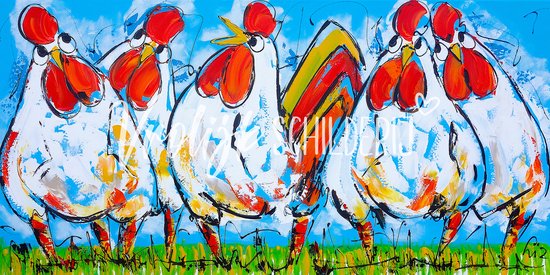 4 Proostende kippen | Vrolijk Schilderij | 100x50cm | Dikte 2 cm | Canvas schilderijen woonkamer | Wanddecoratie | Schilderij op canvas | Kunst | Corrie Leushuis