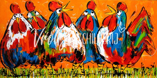 5 Kakelende kippen | Vrolijk Schilderij | 120x60cm | Dikte 2 cm | Canvas schilderijen woonkamer | Wanddecoratie | Schilderij op canvas | Kunst | Corrie Leushuis