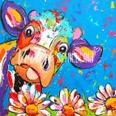 De gekke koe en bloemen | Vrolijk Schilderij | 80x80cm | Dikte 2 cm | Canvas schilderijen woonkamer | Wanddecoratie | Schilderij op canvas | Kunst | Corrie Leushuis