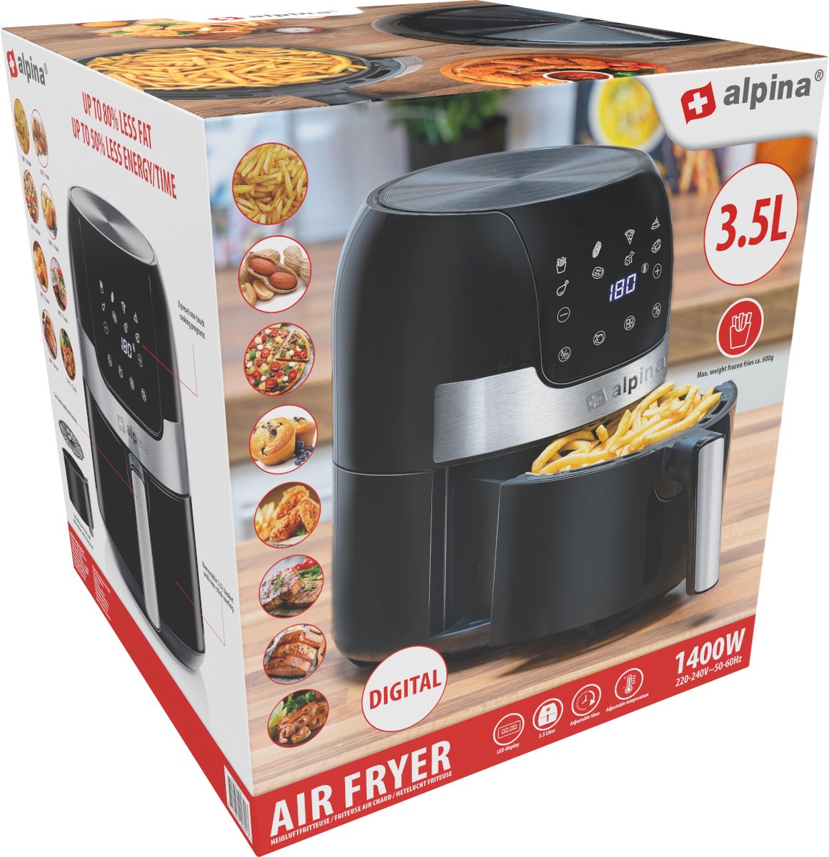 alpina Airfryer XXL - Friteuse à air chaud 8L - 80 à 200°C - 1800W -  Affichage Numérique : : Cuisine et Maison