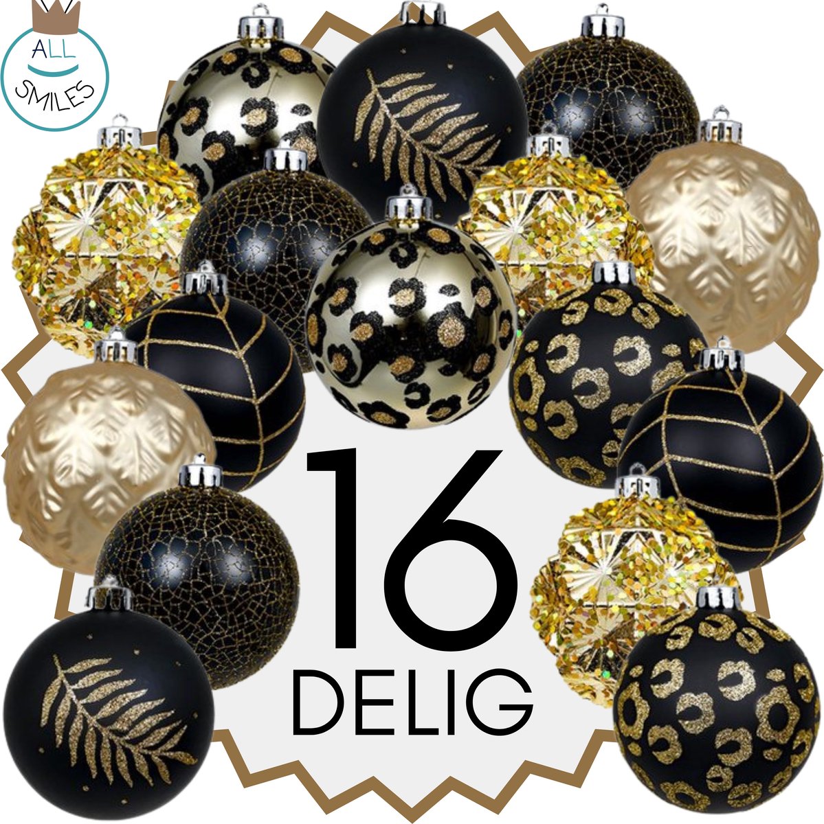 Premium Kerstballen Zwart / Goud - 16 Delige Set - Kerstboomdecoratie - Kerstversiering - Kerstballen plastic - All Smiles Magic Collection - Onbreekbaar - Kerstballen - Verschillende Afwerkingen - Kerstboom Kerstballen