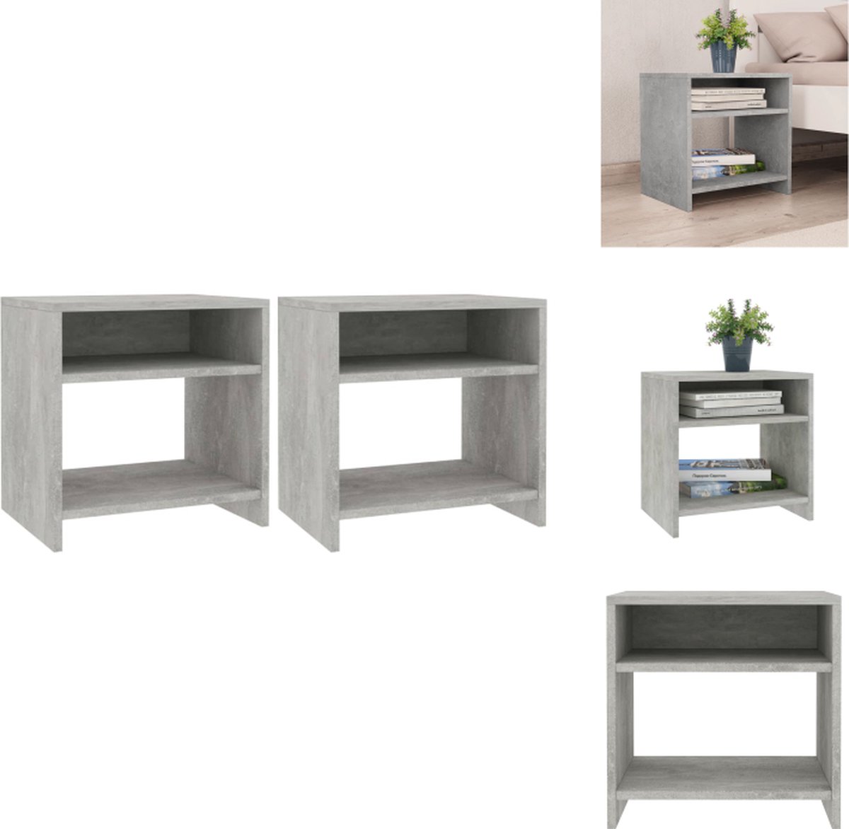 VidaXL Nachtkastjes Betongrijs Set van 2 Gemaakt van bewerkt hout 40 x 30 x 40 cm (B x D x H) Multifunctioneel Kast
