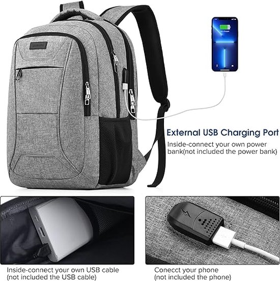Rugzak voor Mannen en Vrouwen, Schoolrugzak voor Jongens en Tieners, 17,3 inch Laptop Rugzak met USB-oplaadaansluiting voor Werk en School met Laptopvak en Anti-diefstaltas