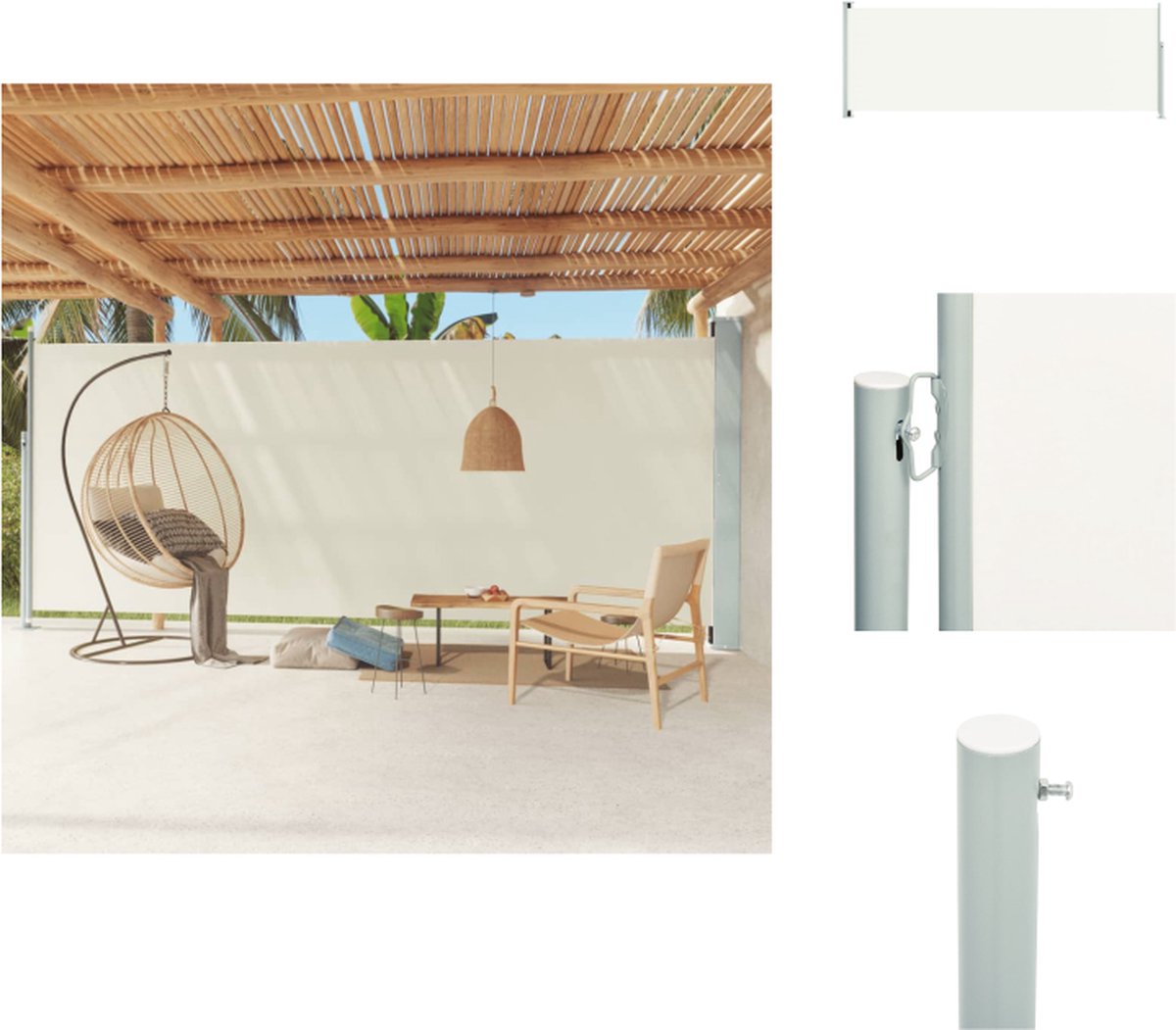 VidaXL Zijscherm UV- en scheurbestendig polyester 220 x (0-600) cm Crème kleur Montage vereist Parasol
