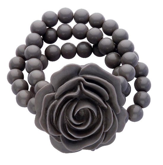 Behave elastische armband met grijze kralen en grote grijze roos, grootte van bloem 5,5cm