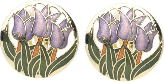 Behave Clip oorbellen oorclips tulpen goud kleur paars emaille 2,5 cm