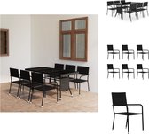 vidaXL Poly Rattan Tuinset - Eettafel en Stoelen - PE-rattan - Stalen Frame - Glas Tafelblad - Lichtgewicht en Stapelbaar - Zwart - 170x80x74cm - 51x60x87cm - Montage vereist - 1x tafel 6x stoel - Tuinset