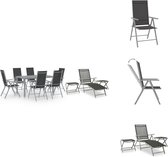 vidaXL Tuinset - Aluminium - Zwart/Zilver/Lichtgrijs - 6 stoelen - 1 ligstoel - 2 voetensteunen/tafels - 1 eettafel - Tuinset