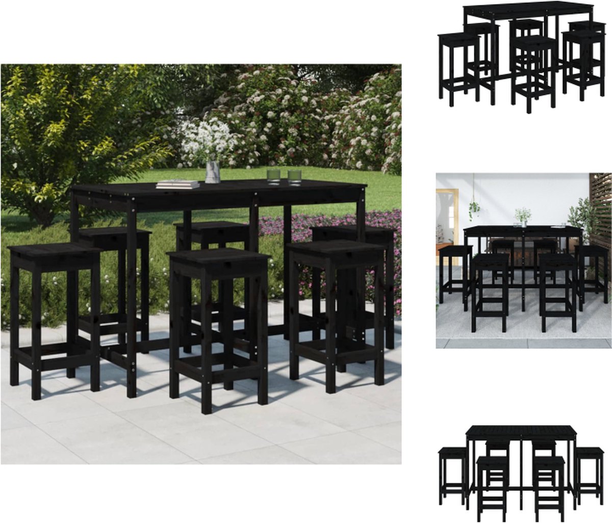 VidaXL Houten Barset Zwart Massief Grenenhout Bartafel 159.5x82.5x110cm Barkruk 40x40x78cm Draagvermogen 110kg Montage vereist 1x Bartafel 6x Barkruk Tuinset