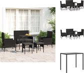 vidaXL loungeset - poly rattan - zwart - 2 stoelen - 2 voetenbanken - 1 bankje - 1 tafel - incl - 6 zitkussens - Tuinset