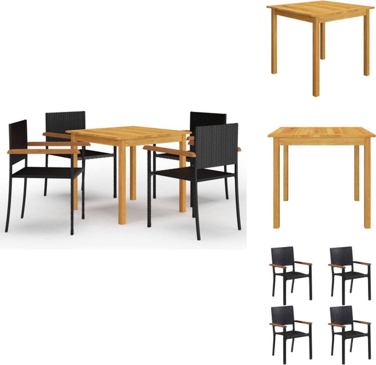VidaXL Tuinset Acaciahouten Eettafel en PE Rattan Eetstoelen 85 x 85 x 74 cm Bruin Zwart Tuinset