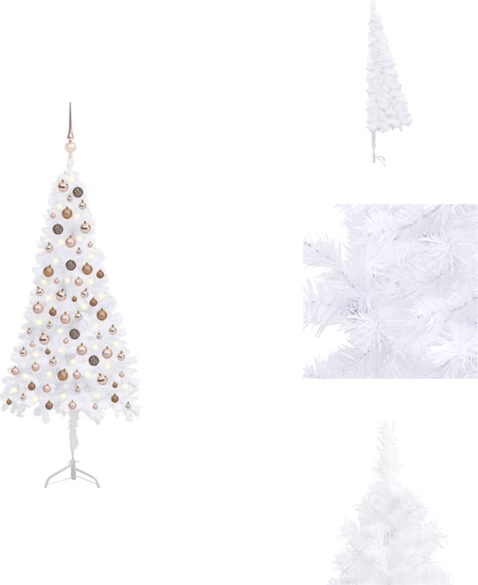 vidaXL Kwart Hoekkerstboom - PVC - LED-verlichting - Wit - 150 cm - Inclusief standaard en decoratie - Decoratieve kerstboom