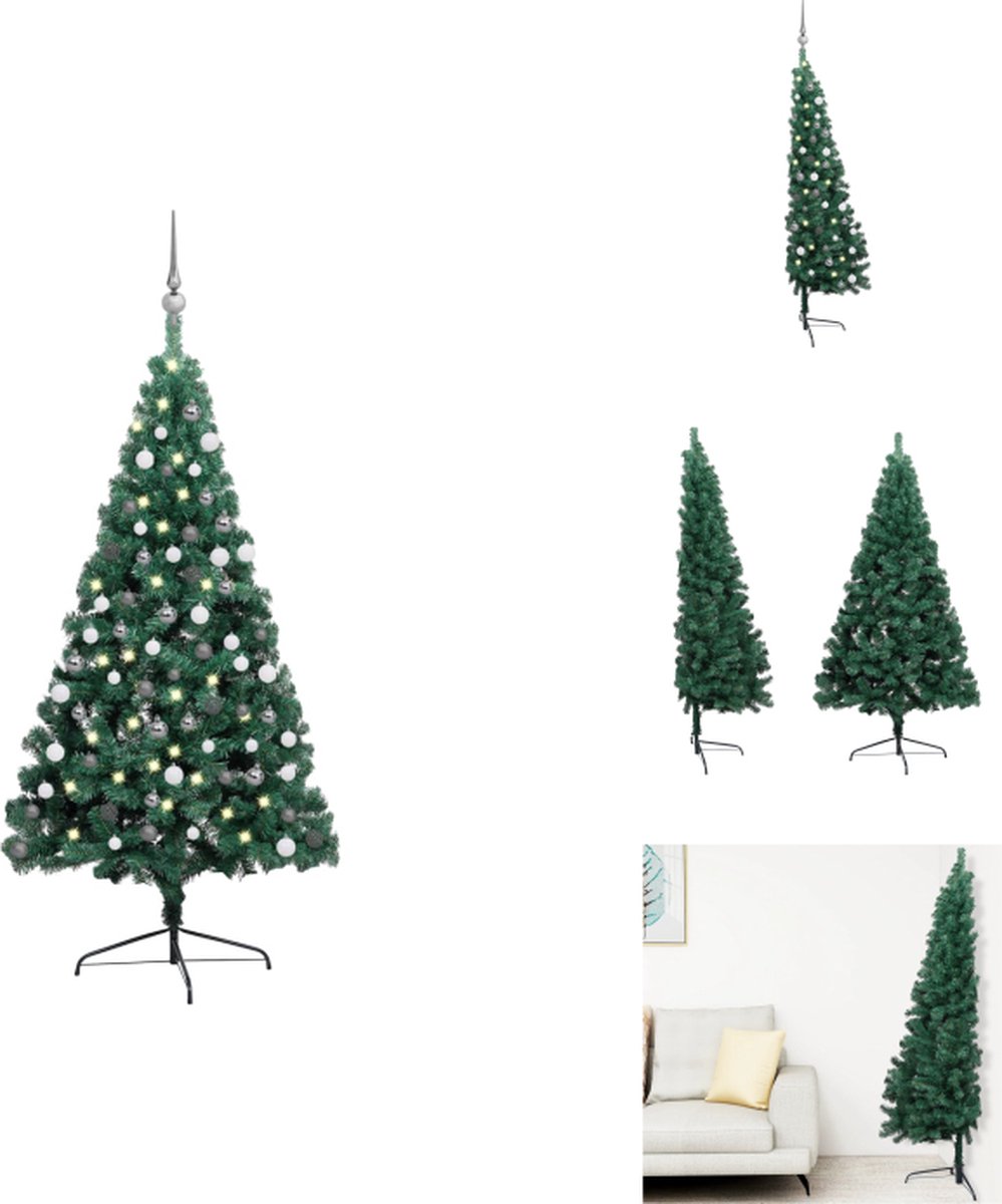 vidaXL Kunstkerstboom - Halfrond 110 cm - Groen met LED-verlichting en decoraties - Decoratieve kerstboom