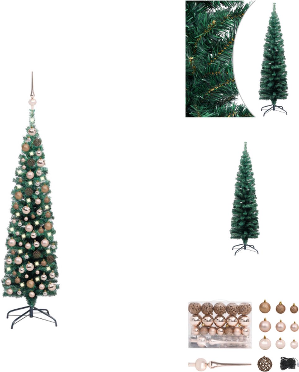 vidaXL Kunstkerstboom - Slim - 150 cm - Groen met LED-verlichting - Decoratieve kerstboom
