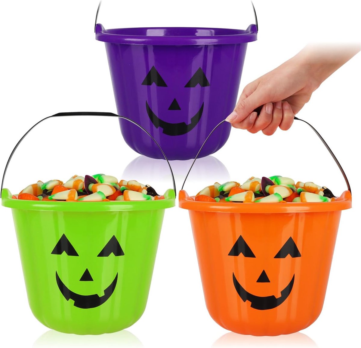 Goedkoopste 3 x Halloween pompoenemmers - kunststof emmer in pompoendesign voor het verzamelen van snoep - verzameltas met handvat voor Halloween