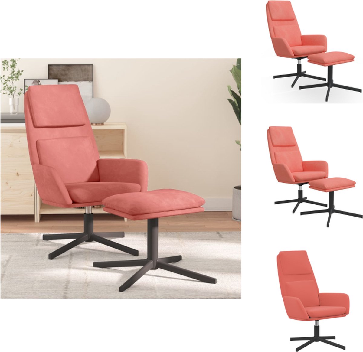 VidaXL Relaxstoel Velvet Roze 70x77x98cm 360 graden draaibaar Inclusief voetenbank Fauteuil
