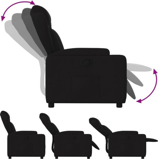 Zwarte fauteuil in verschillende verstelposities.