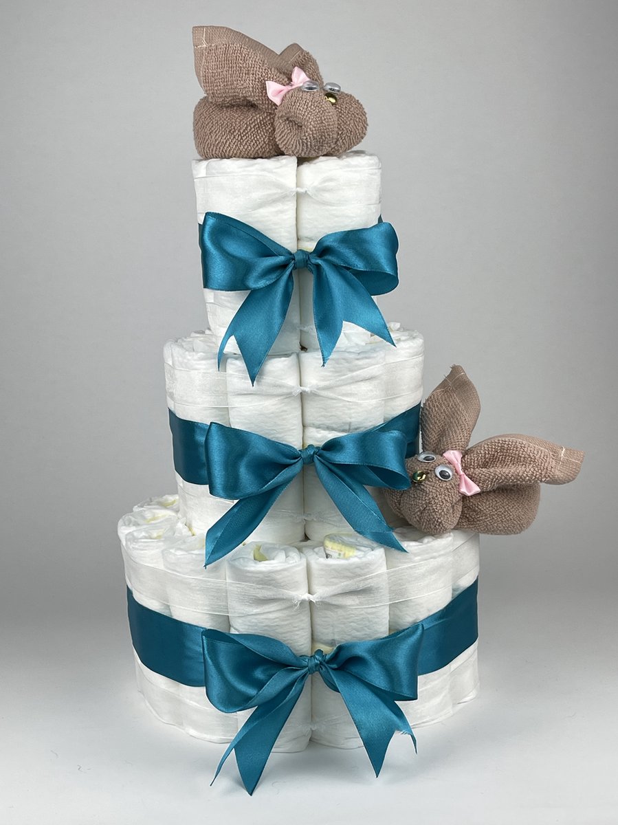 Goedkoopste Chouette-Chouette | Luiertaart Meisje | Kraamcadeau | Geboorte Meisje | Babyshower | Konijnen Pinkstone - Petrol