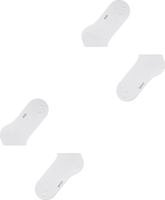 Vier witte sokken. Twee hebben een Esprit-logo en maatindicatie.