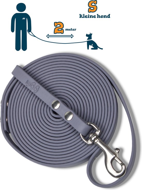 Miqdi BioThane hondenriem – grijs – 9 mm breed - 2 meter lang - met handvat