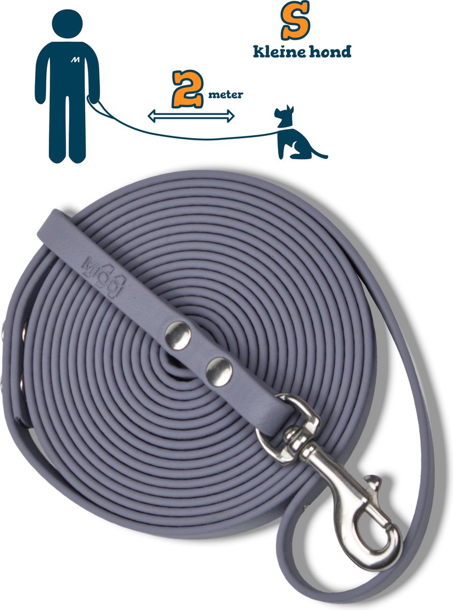 Miqdi hondenriem - BioThane – grijs – 2 meter lang – 9mm breed – XS/S – kleine hond