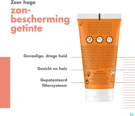Avene zonnebrandcrème met hoge bescherming, getint, voor gezicht en hals.