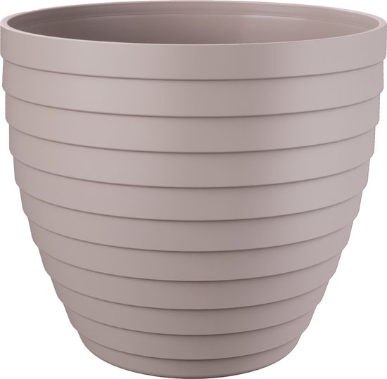Taupekleurige plantenpot met horizontale ribbels, D15 x H13,2 cm.
