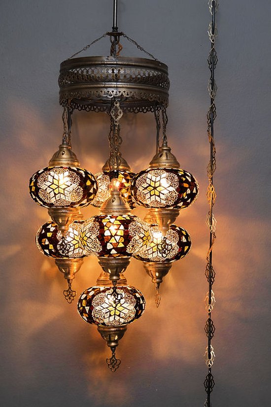 Lampe suspendue turque en mosaïque de verre marron à 7 globes, lustre oriental