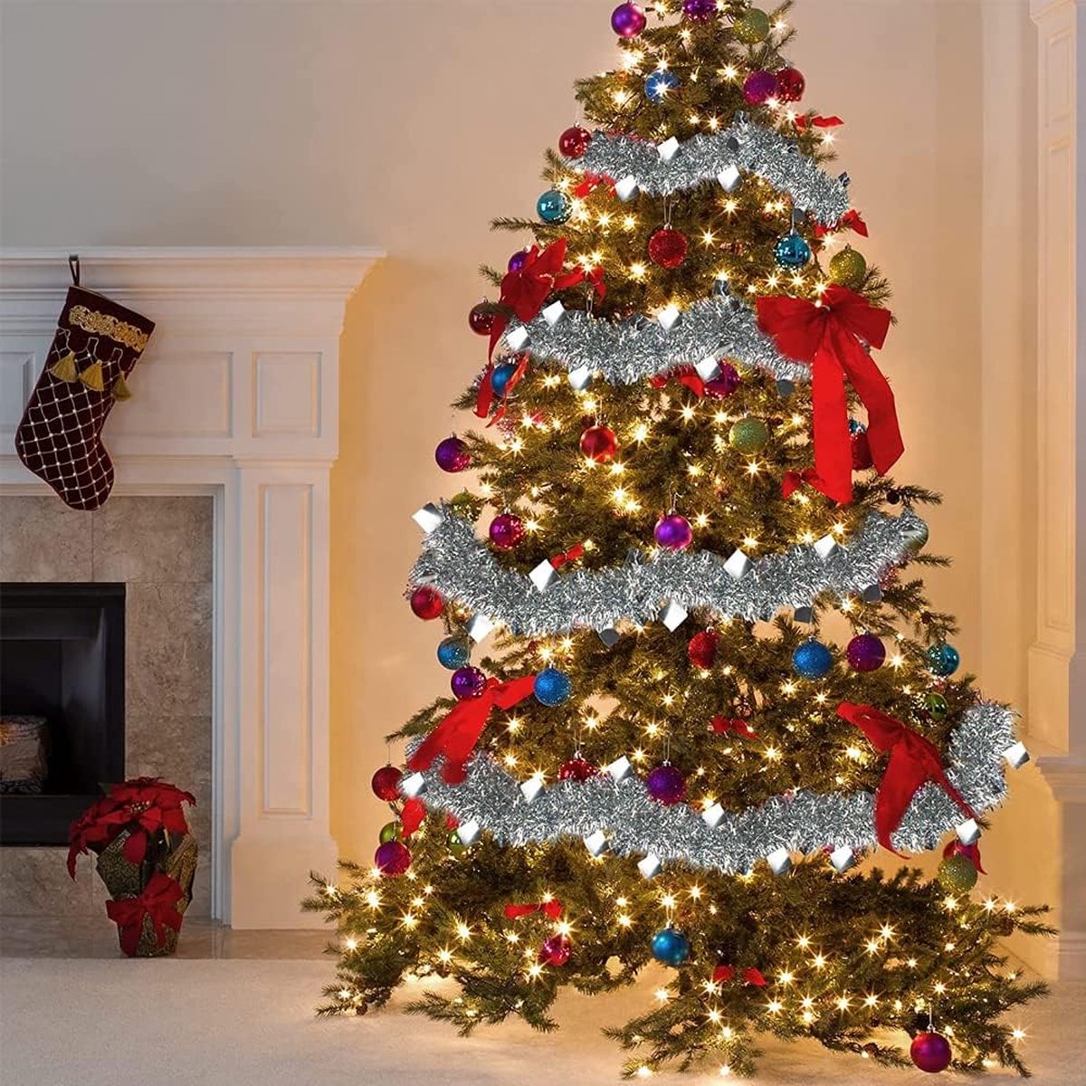 Kerstboomslinger, 16 meter klatergoud slinger, kerstslinger, kerstslinger, boomversiering, glanzende kerstslinger