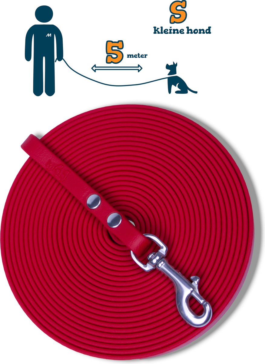 Miqdi BioThane® Sleeplijn 5 meter – zonder handvat – S (9 mm) – rood – waterdicht & sterk
