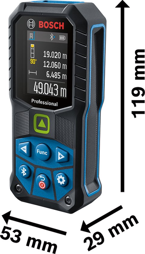 Bosch laser afstandmeter met afmetingen 119mm x 53mm x 29mm. Zwart met blauwe behuizing en groen display.