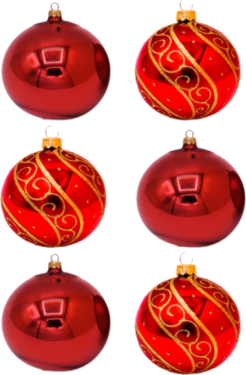Rode Kerstballen met luxe gouden glitter decoratie en effen glanzend rood - Doosje met 6 glazen kerstballen