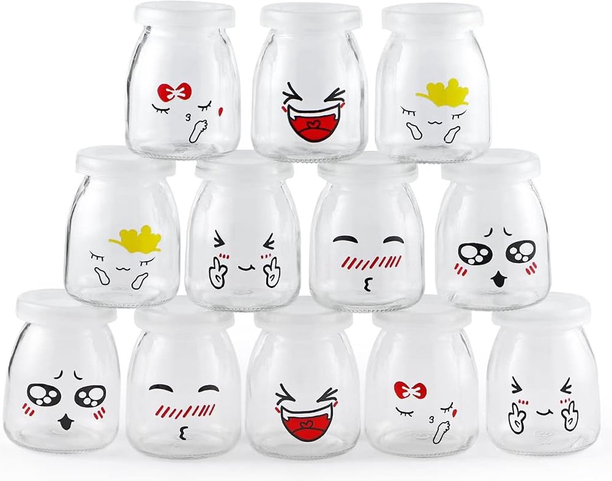 Yoghurtpotten met deksels 150 ml, Puddingpotten, Glazen yoghurtpot, 150 ml, Pak van 12.