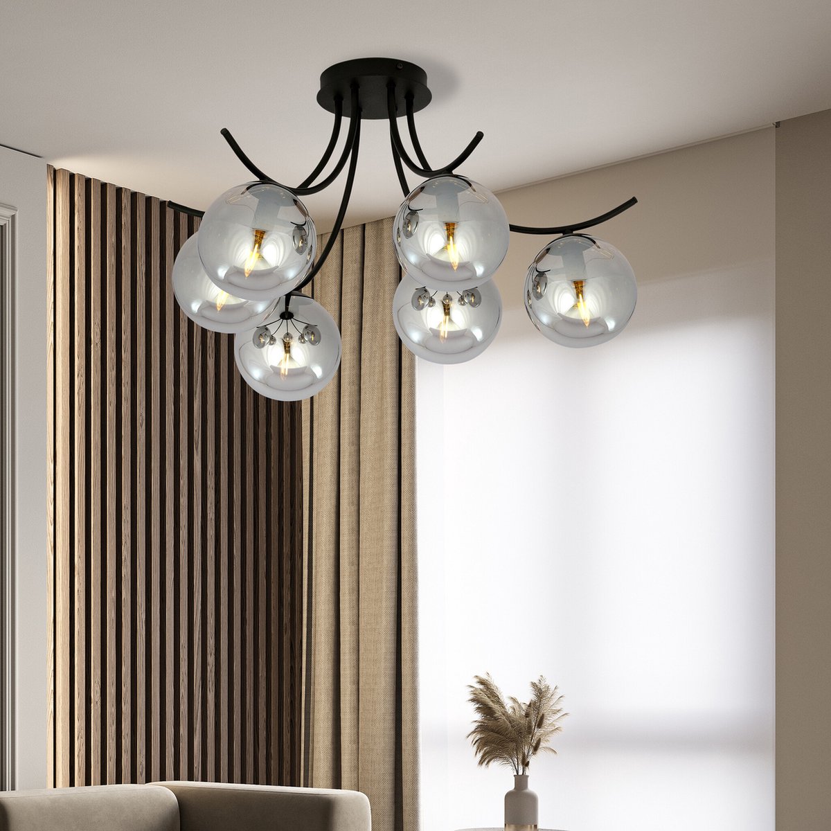 Emibig Kopenhagen zwarte plafonniere met gefumeerde bollen glas E14 - Perfecte verlichting voor jouw woonkamer