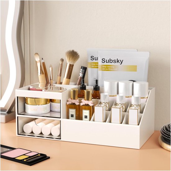 Make-up Organizer PU lederen cosmetische organizer, make-up organisatie opbergdoos, opgeruimde organizer for kaptafel en gootsteen, moderne badkamer en slaapkamer tafelblad organizer met 3 compartimen