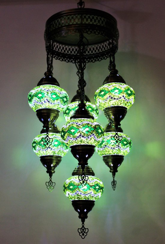 Lampe suspendue turque à 7 globes en verre, mosaïque verte, lustre oriental