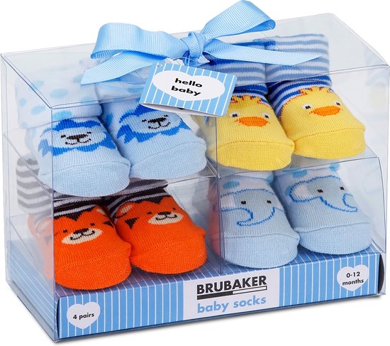 BRUBAKER 4 Paar Babysokken voor Jongens 0-12 Maanden - Babyshower - Cadeau - Baby Geschenkset voor Pasgeborenen in Geschenkverpakking met Strik - Dierensokken — afbeelding 2