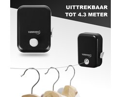 Vannons - Waslijn - Waslijn Uittrekbaar - Roldrooglijn - Drooglijn - Waslijndraad Staal - Tot 4.3 meter - Zwart